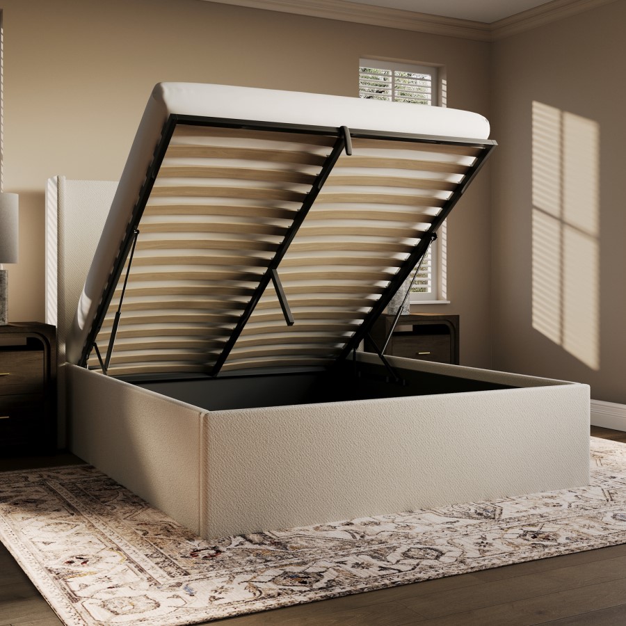 Cream Fabric King Size Ottoman Bed with Winged Headboard - Loxley