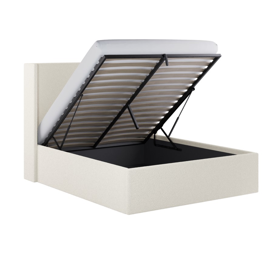 Cream Fabric King Size Ottoman Bed with Winged Headboard - Loxley