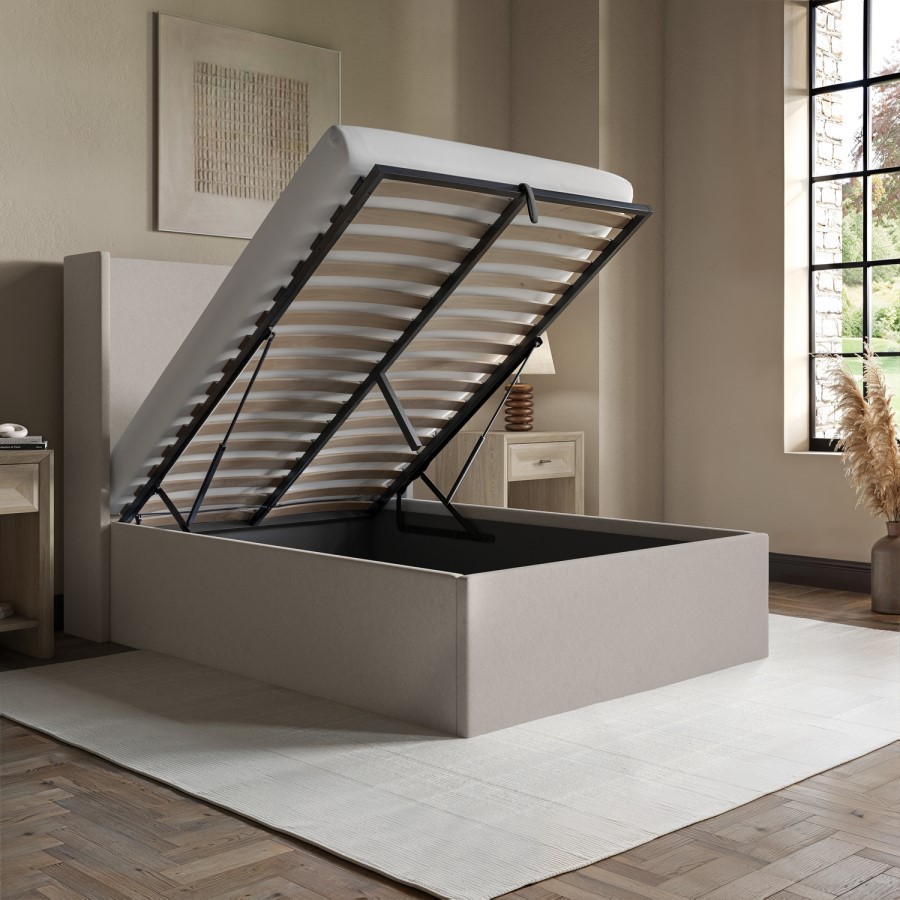 Grey Chenille Double Ottoman Bed with Winged Headboard - Loxley