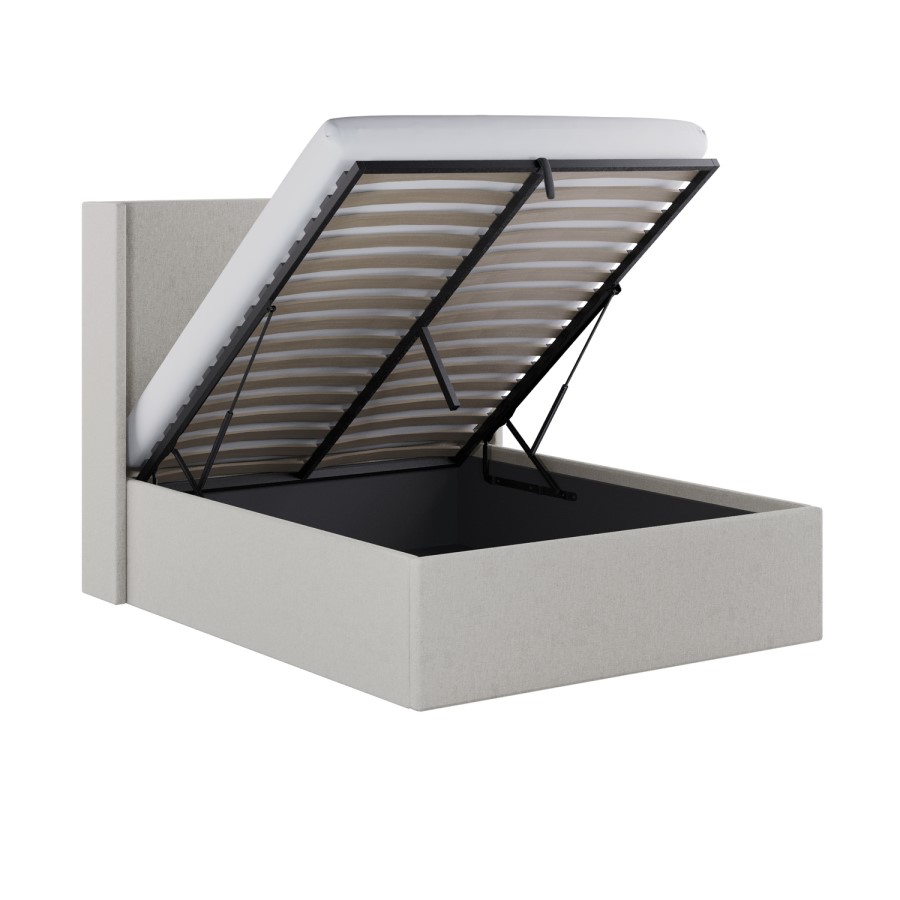Grey Chenille Double Ottoman Bed with Winged Headboard - Loxley