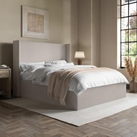 Grey Chenille King Size Ottoman Bed with Winged Headboard - Loxley
