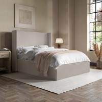 Grey Chenille Small Double Ottoman Bed with Winged Headboard - Loxley