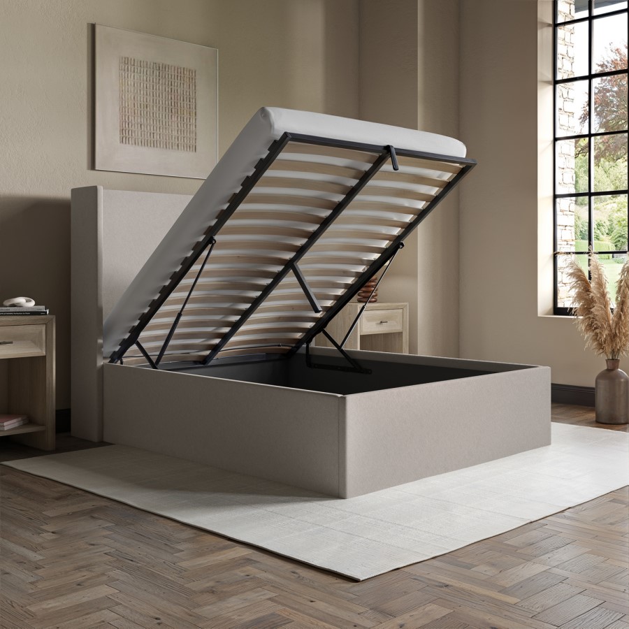 Grey Chenille Small Double Ottoman Bed with Winged Headboard - Loxley