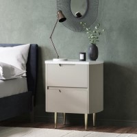 GRADE A1 - Taupe Curved Bedside Table with 2 Drawers and Marble Top - Lorenzo