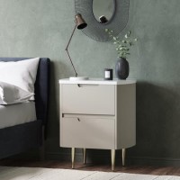 Curved Taupe 2 Drawer Bedside Table with Marble Top - Lorenzo Curved Taupe 2 Drawer Bedside Table with Marble Top - Lorenzo