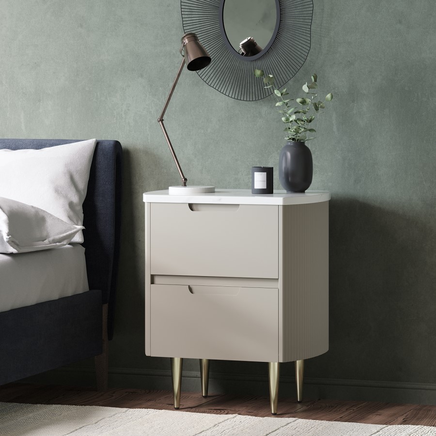 Curved Taupe 2 Drawer Bedside Table with Marble Top - Lorenzo