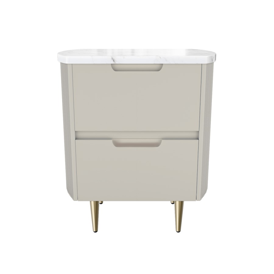 Curved Taupe 2 Drawer Bedside Table with Marble Top - Lorenzo