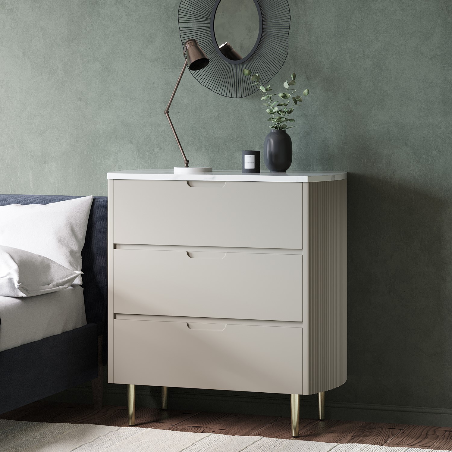 Photo of Curved taupe chest of 3 drawers with marble top - lorenzo