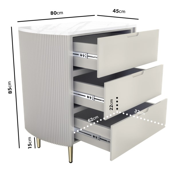 Curved Taupe Chest of 3 Drawers with Marble Top - Lorenzo