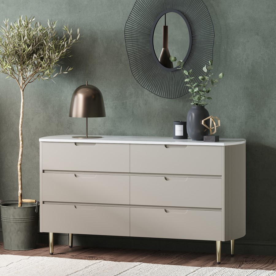 GRADE A1 - Taupe Wide Chest of 6 Drawers with Marble Top - Lorenzo