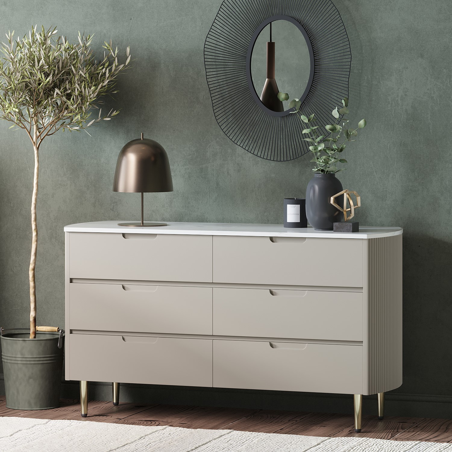 Photo of Wide curved taupe chest of 6 drawers with marble top - lorenzo