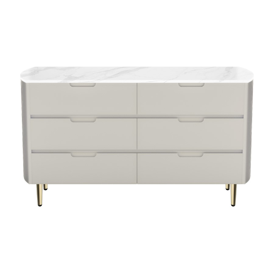 GRADE A1 - Taupe Wide Chest of 6 Drawers with Marble Top - Lorenzo