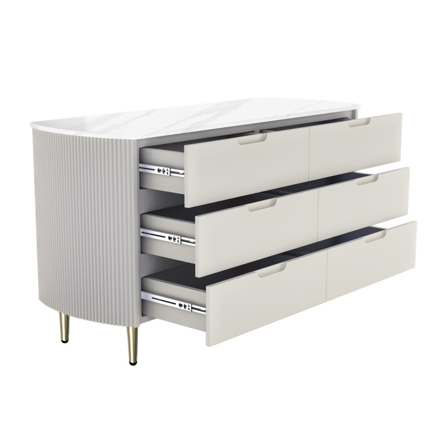 GRADE A1 - Taupe Wide Chest of 6 Drawers with Marble Top - Lorenzo