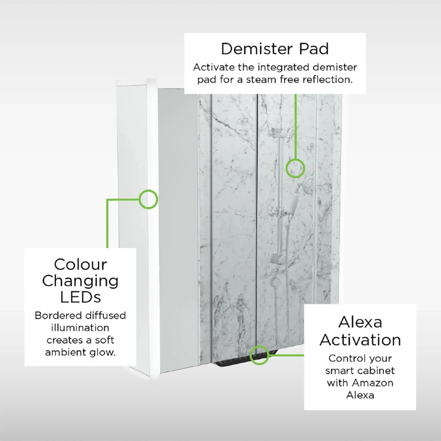 Sensio Luka Double Door Chrome Mirrored Bathroom Cabinet with Lights, Built in Alexa and Bluetooth 660 x 700mm