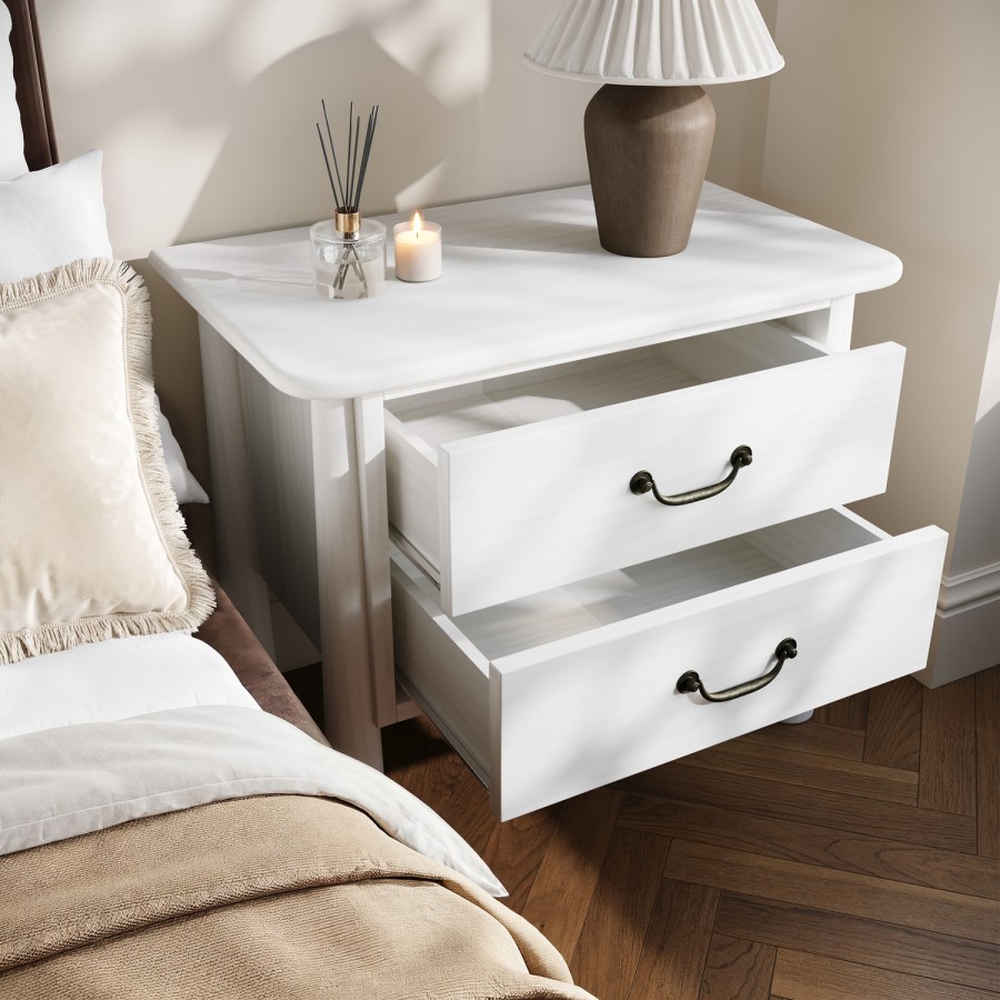 Wide White 2 Drawer Bedside Table - Loretta
