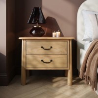 Wide Light Wood 2 Drawer Bedside Table - Loretta