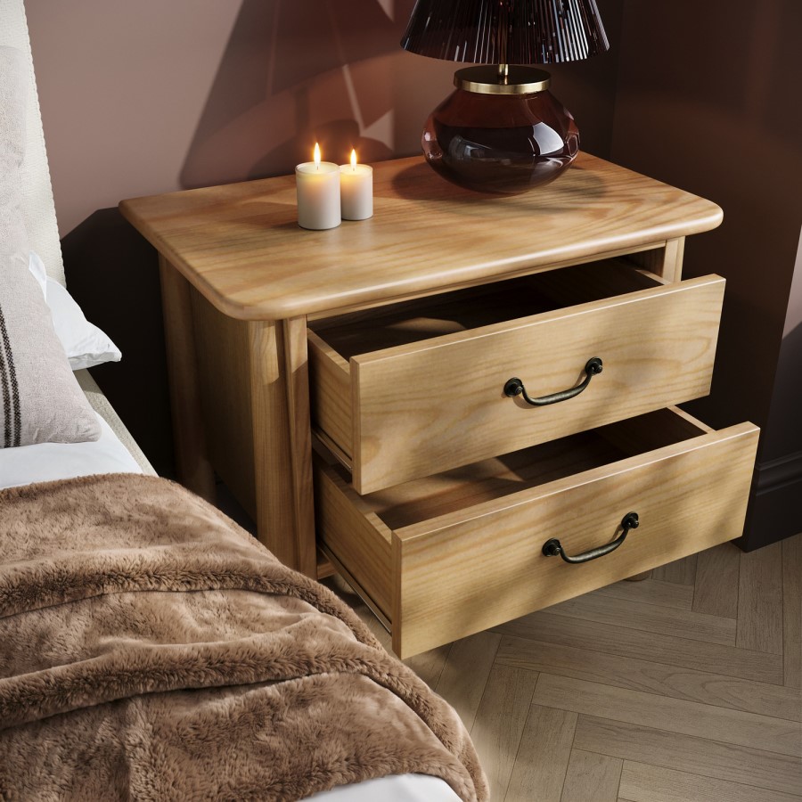 Wide Light Wood 2 Drawer Bedside Table - Loretta