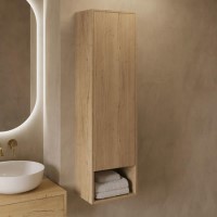 Single Door Oak Wood Effect Wall Mounted Tall Bathroom Cabinet 350 x 1250mm - Lugo