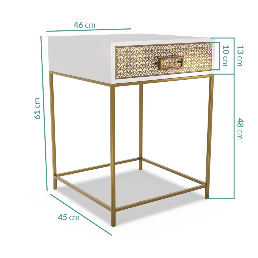 GRADE A1 - Luna Pale Grey Bedside Table with Gold Fretwork - 1 Drawer