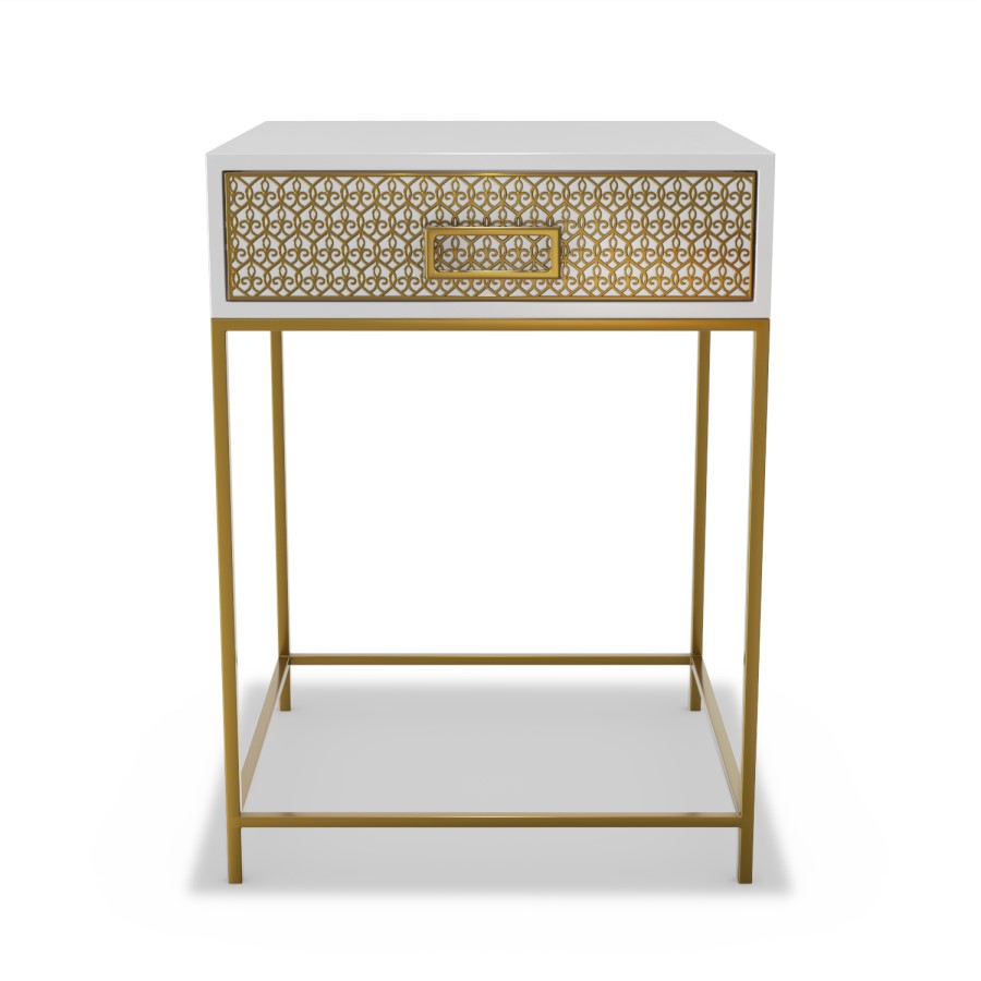 GRADE A1 - Luna Pale Grey Bedside Table with Gold Fretwork - 1 Drawer