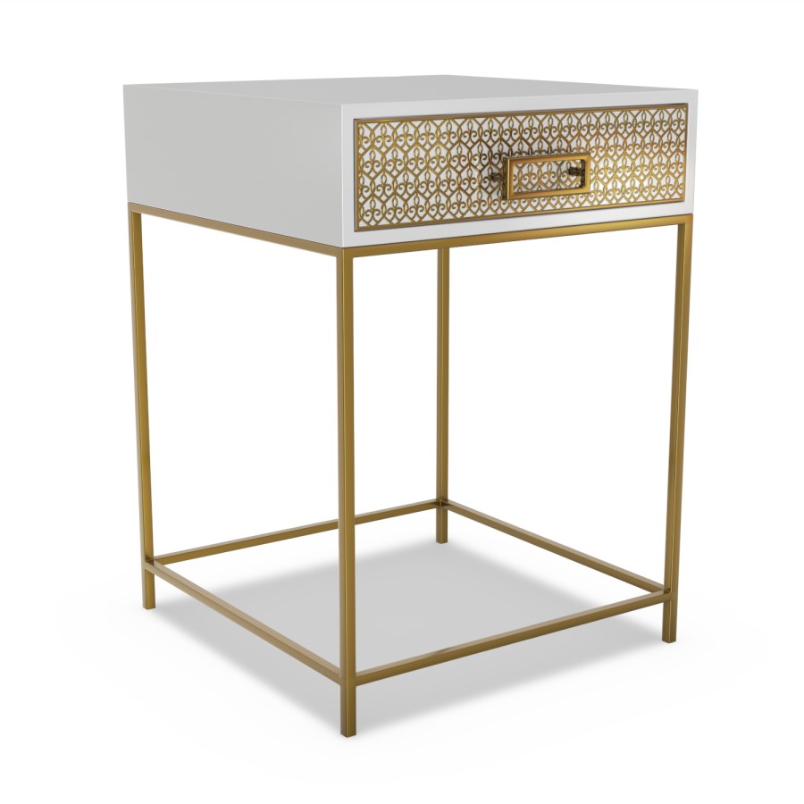 GRADE A1 - Luna Pale Grey Bedside Table with Gold Fretwork - 1 Drawer