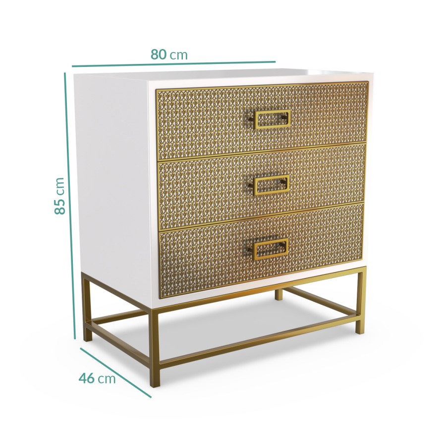 GRADE A1 - Luna Pale Grey Chest of Drawers with Gold Fretwork - 3 Drawer