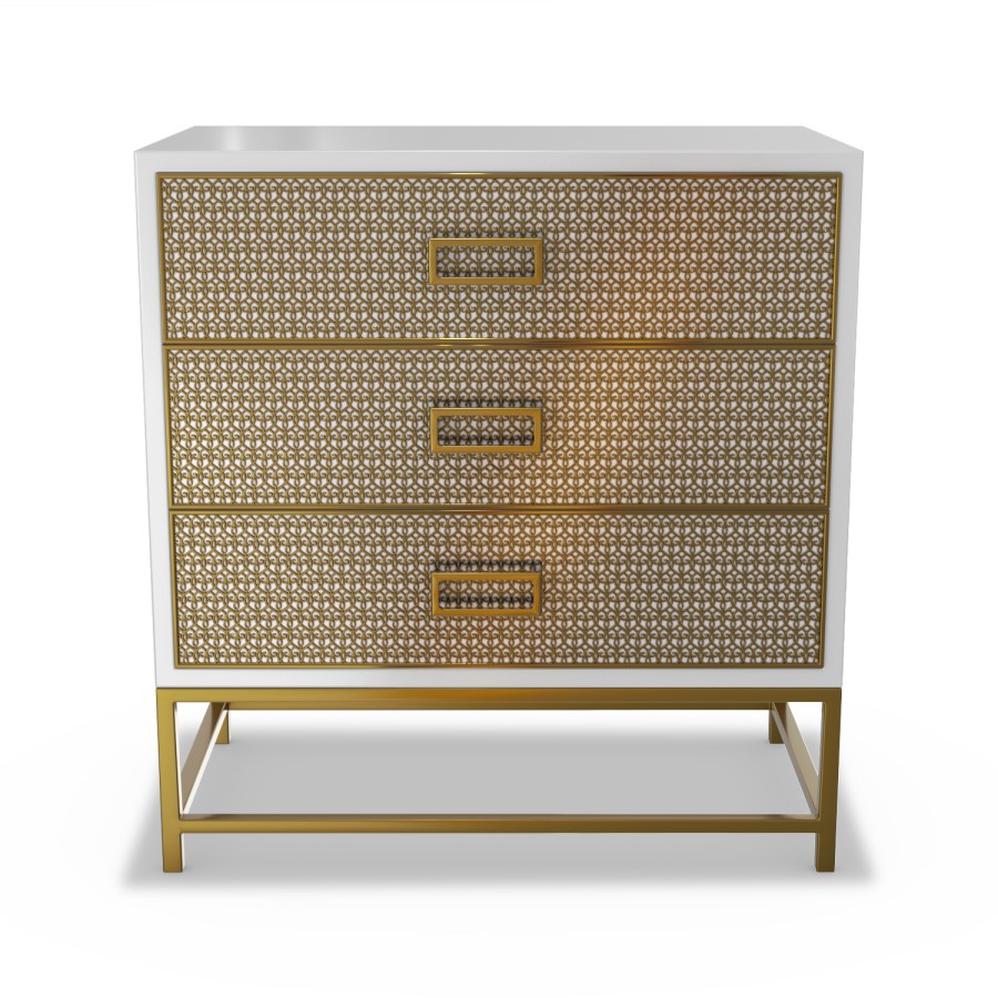 GRADE A1 - Luna Pale Grey Chest of Drawers with Gold Fretwork - 3 Drawer