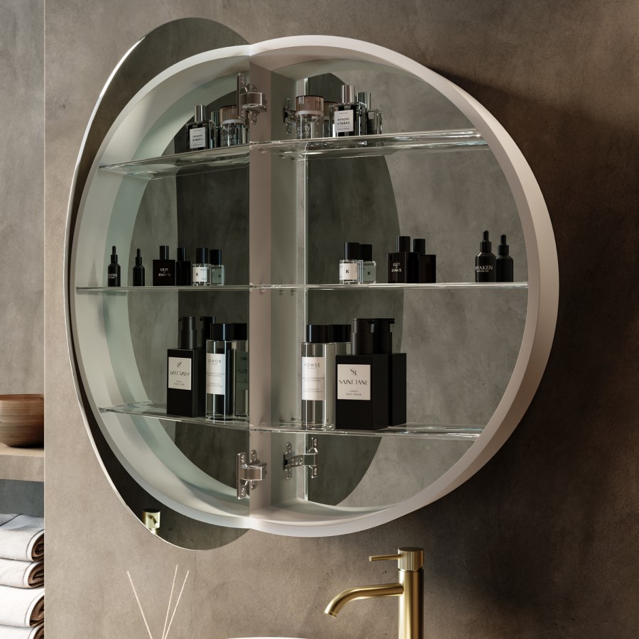 Single Door Round Chrome Heated Bathroom Mirror Cabinet with Lights 800mm - Luna