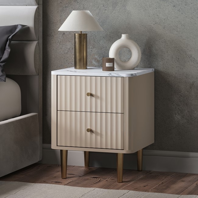 ONLY OPENED - Taupe 2-Drawer Marble Top Fluted Bedside Table - Lucia