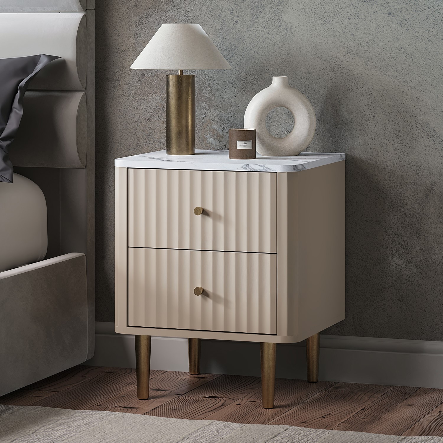 Drawer Mable Table Taupe 2-Drawer Marble Top Fluted Bedside Table - Lucia - Furniture123
