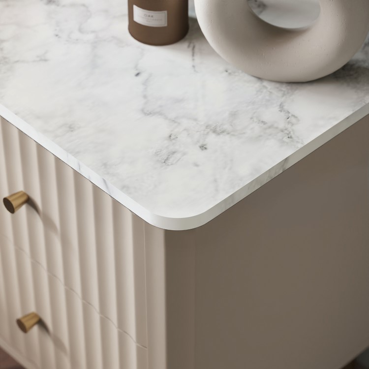 Taupe 2-Drawer Marble Top Fluted Bedside Table - Lucia