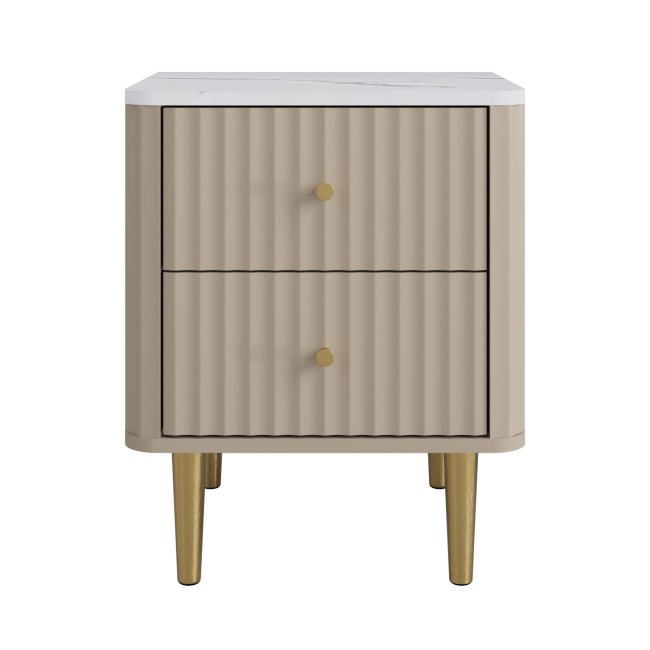 ONLY OPENED - Taupe 2-Drawer Marble Top Fluted Bedside Table - Lucia