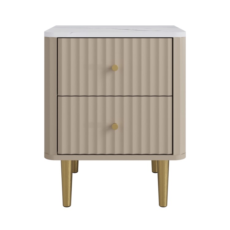 Taupe 2-Drawer Marble Top Fluted Bedside Table - Lucia