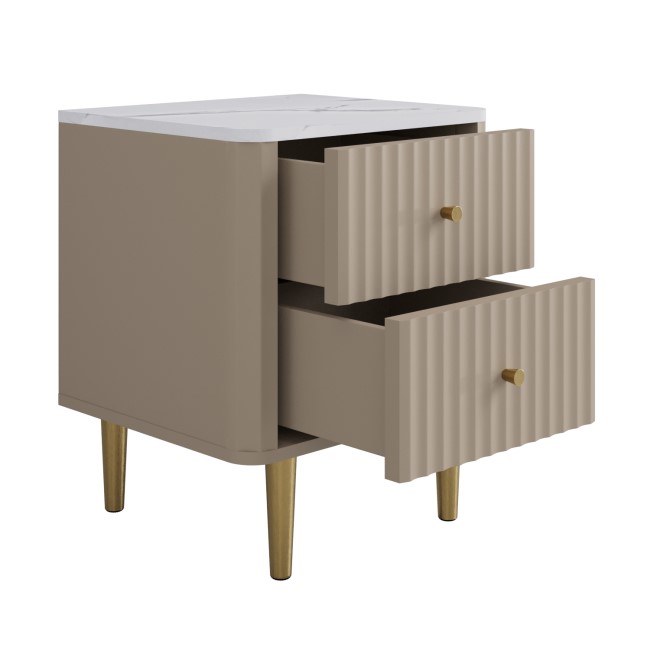 ONLY OPENED - Taupe 2-Drawer Marble Top Fluted Bedside Table - Lucia