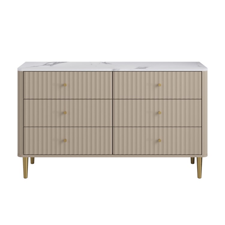 Wide Taupe Marble Top Fluted Chest of 6 Drawers - Lucia