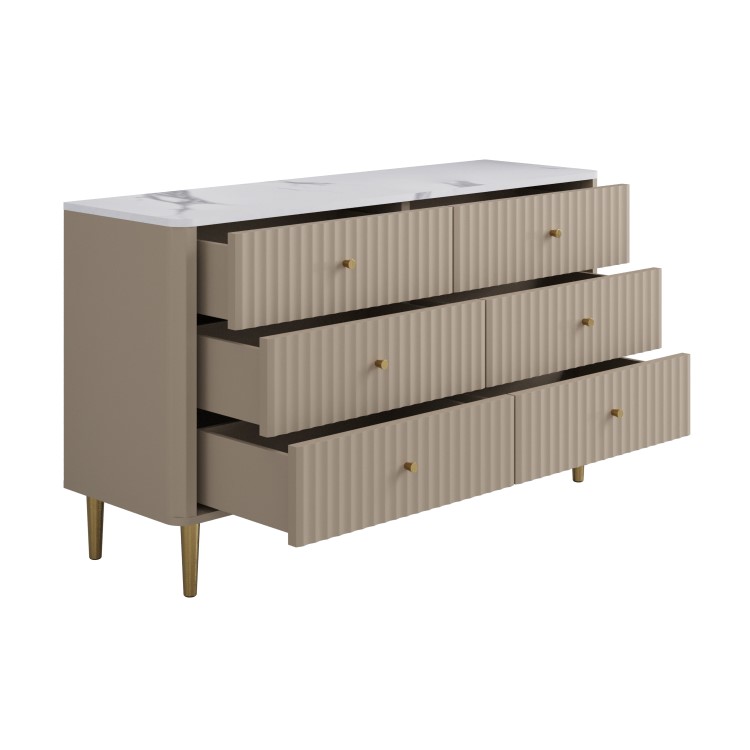 Wide Taupe Marble Top Fluted Chest of 6 Drawers - Lucia