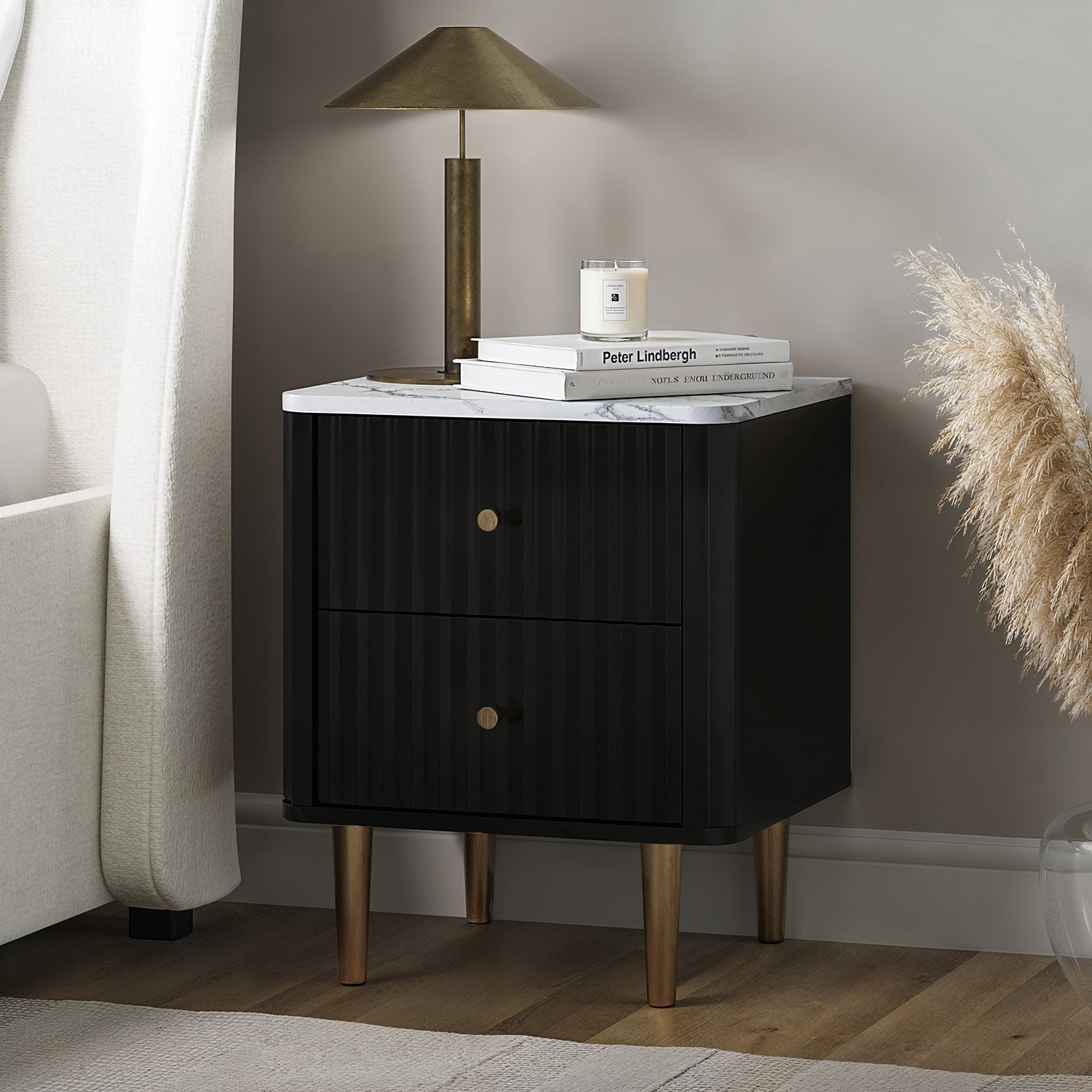 Drawer Mable Table Black 2-Drawer Marble Top Fluted Bedside Table - Lucia - Furniture123