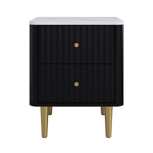 Black 2-Drawer Marble Top Fluted Bedside Table - Lucia