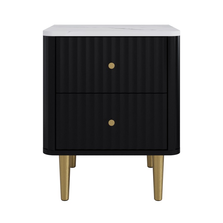 Black 2-Drawer Marble Top Fluted Bedside Table - Lucia