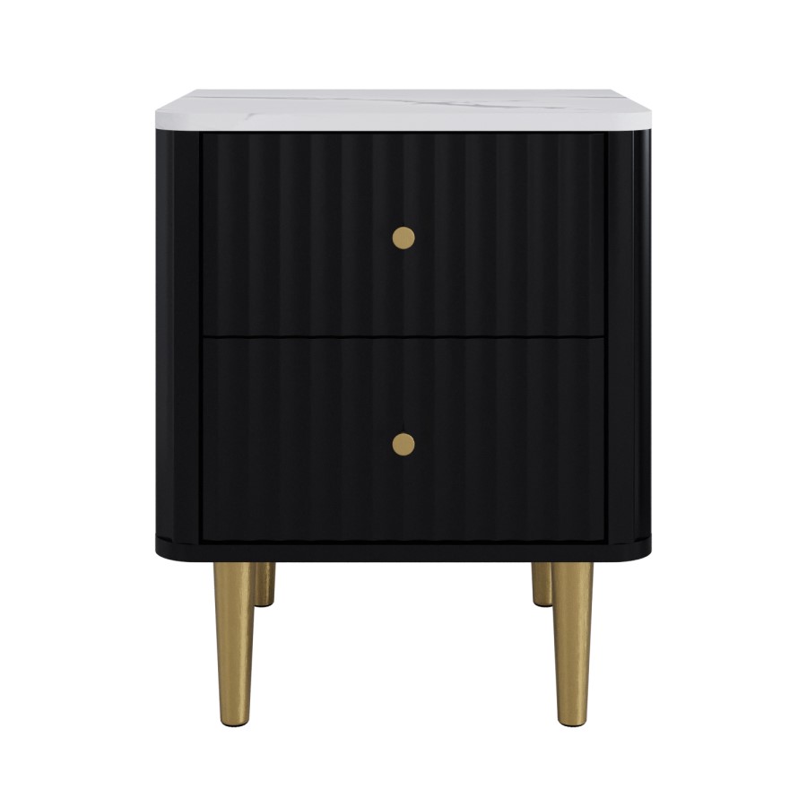 Black 2-Drawer Marble Top Fluted Bedside Table - Lucia