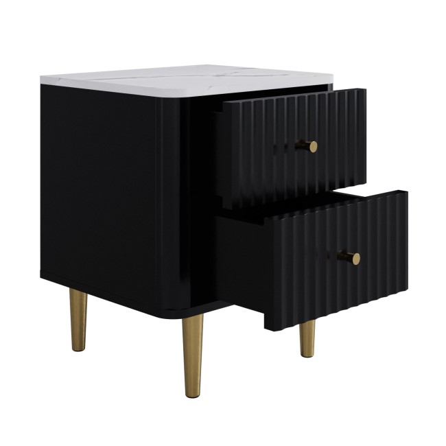 Black 2-Drawer Marble Top Fluted Bedside Table - Lucia