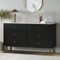 ONLY OPENED - Wide Black Marble Top Fluted Chest Of 6 Drawers - Lucia ONLY OPENED - Wide Black Marble Top Fluted Chest Of 6 Drawers - Lucia