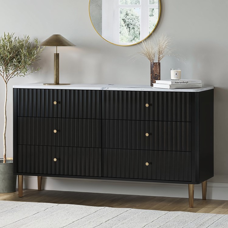 Wide Black Marble Top Fluted Chest Of 6 Drawers - Lucia