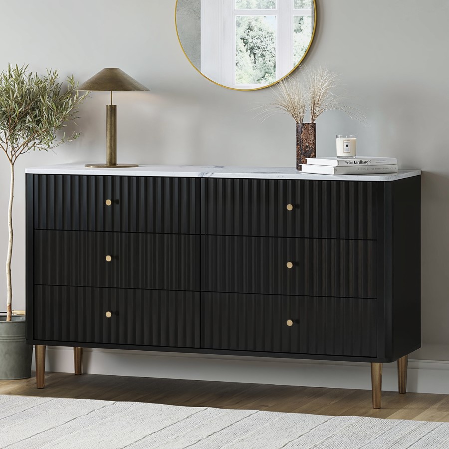 ONLY OPENED - Wide Black Marble Top Fluted Chest Of 6 Drawers - Lucia