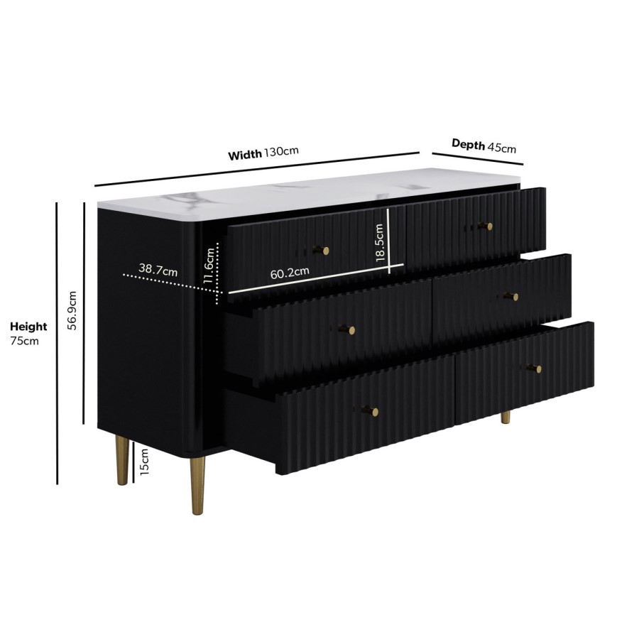 ONLY OPENED - Wide Black Marble Top Fluted Chest Of 6 Drawers - Lucia