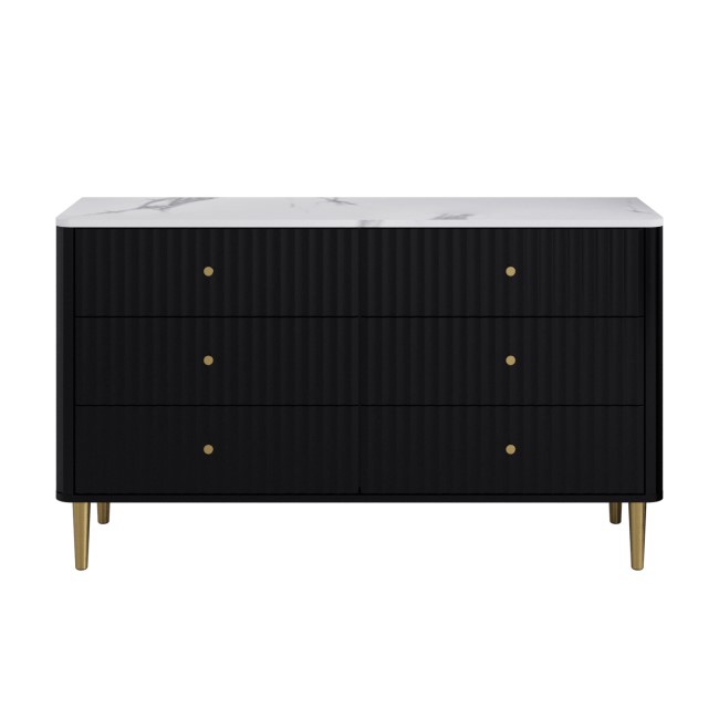 Wide Black Marble Top Fluted Chest Of 6 Drawers - Lucia