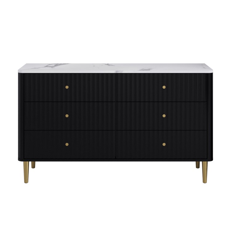 Wide Black Marble Top Fluted Chest Of 6 Drawers - Lucia