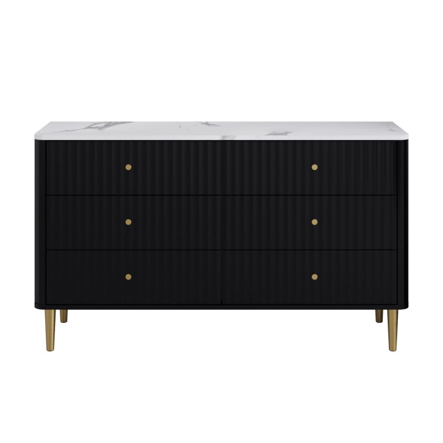 ONLY OPENED - Wide Black Marble Top Fluted Chest Of 6 Drawers - Lucia
