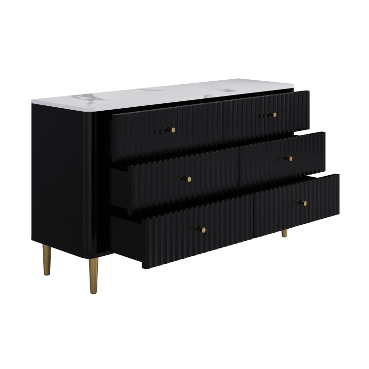 Wide Black Marble Top Fluted Chest Of 6 Drawers - Lucia