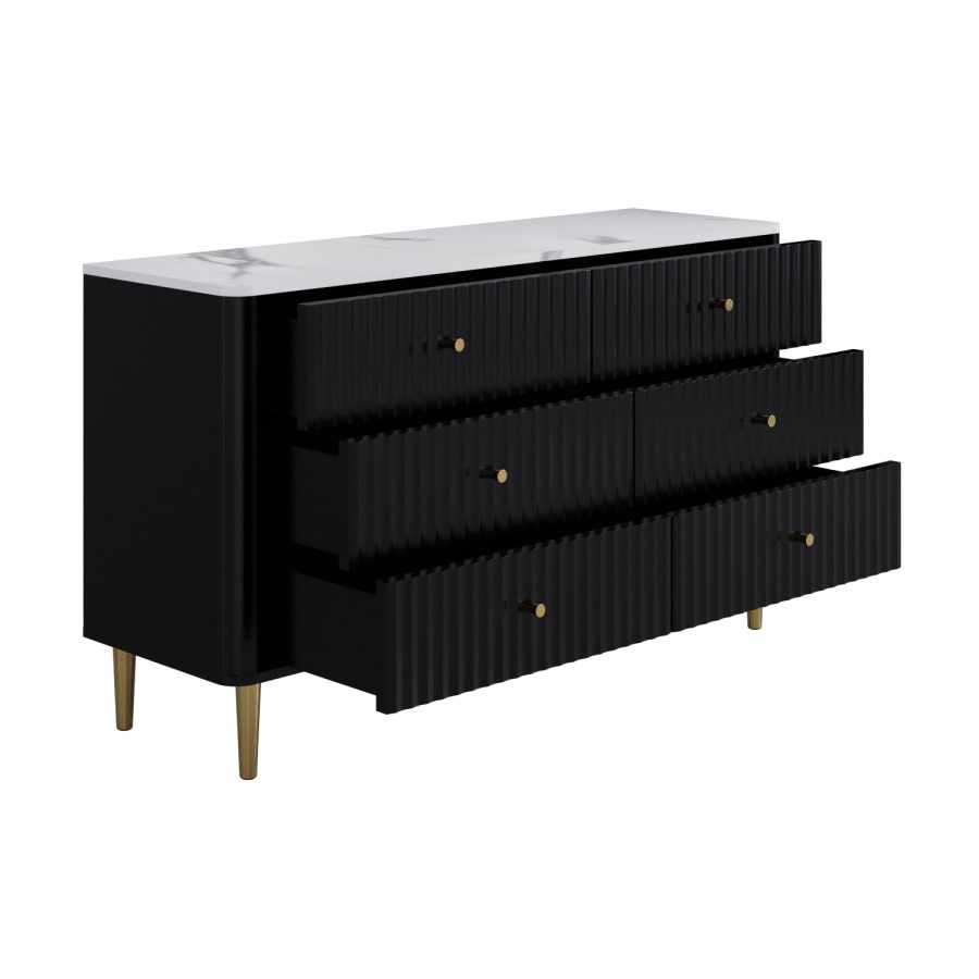 ONLY OPENED - Wide Black Marble Top Fluted Chest Of 6 Drawers - Lucia